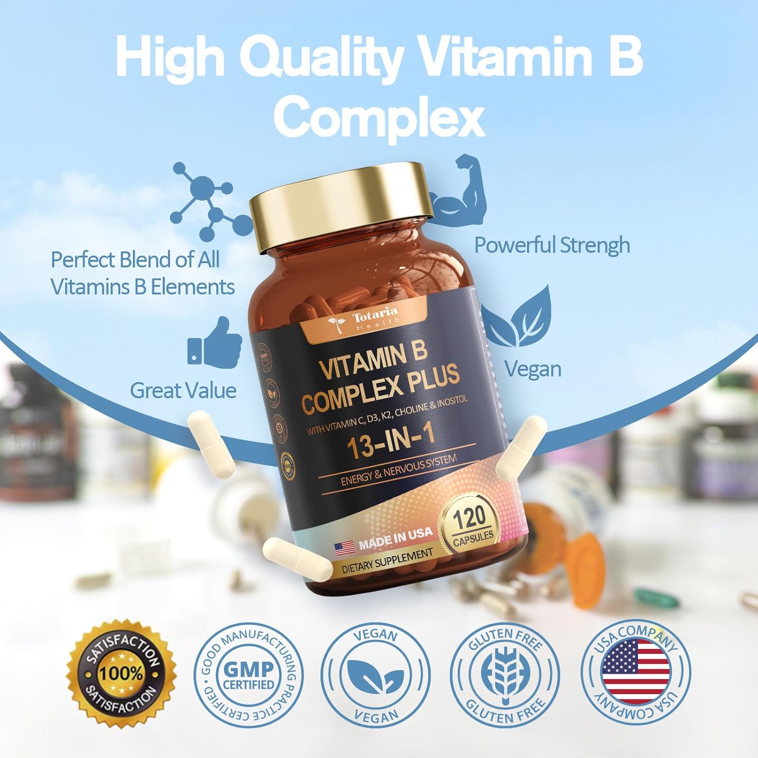 Totaria 13-in-1 Vitamin B Complex Plus with B1, B2, B3, B4, B5, B6, B7, B8, B9, B12, C, D3, K2 - 120 Caps/Bottle - 2 Bottles