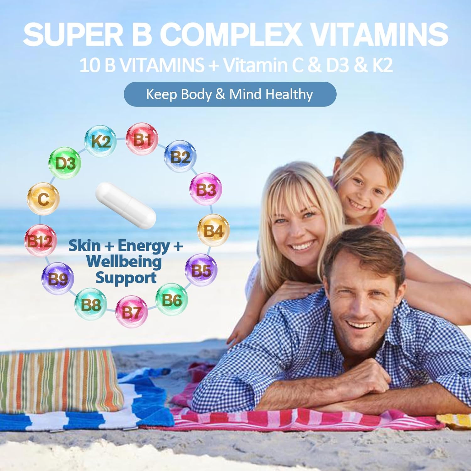 Totaria 13-in-1 Vitamin B Complex Plus with B1, B2, B3, B4, B5, B6, B7, B8, B9, B12, C, D3, K2 - 120 Caps/Bottle - 2 Bottles