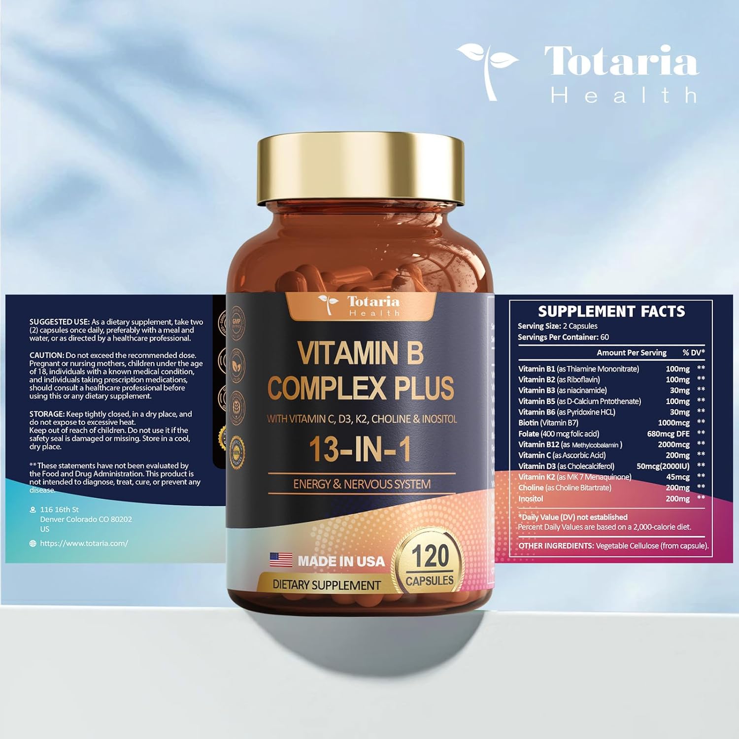 Totaria 13-in-1 Vitamin B Complex Plus with B1, B2, B3, B4, B5, B6, B7, B8, B9, B12, C, D3, K2 - 120 Caps/Bottle - 2 Bottles
