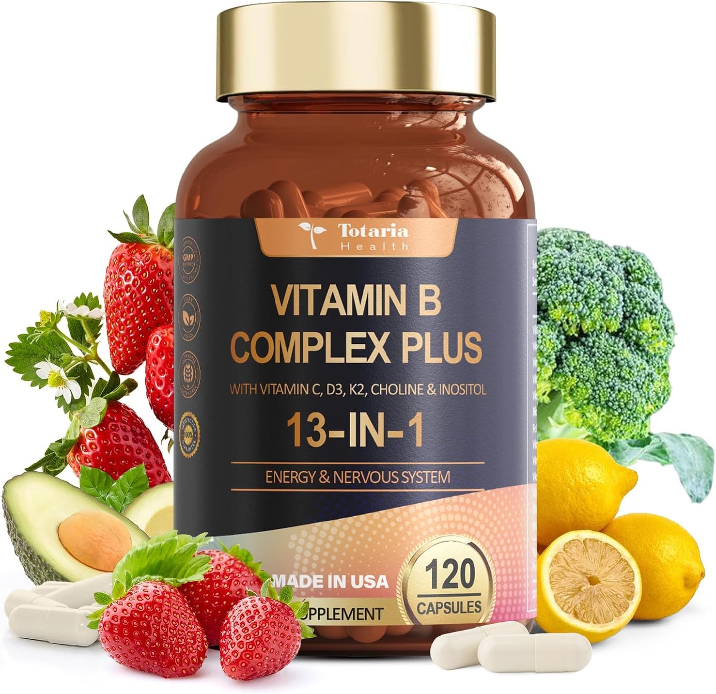 Totaria 13-in-1 Vitamin B Complex Plus with B1, B2, B3, B4, B5, B6, B7, B8, B9, B12, C, D3, K2 - 120 Caps/Bottle - 2 Bottles