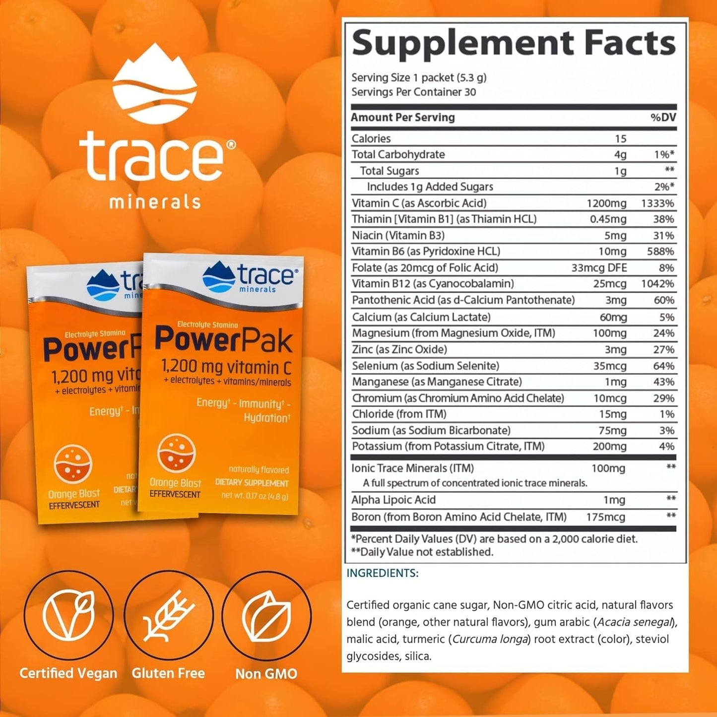 Trace Minerals Electrolyte Powder Packets - Vitamin C, Zinc, Magnesium - Boost Immunity, Hydration, Energy - Orange Blast - 60 Packets