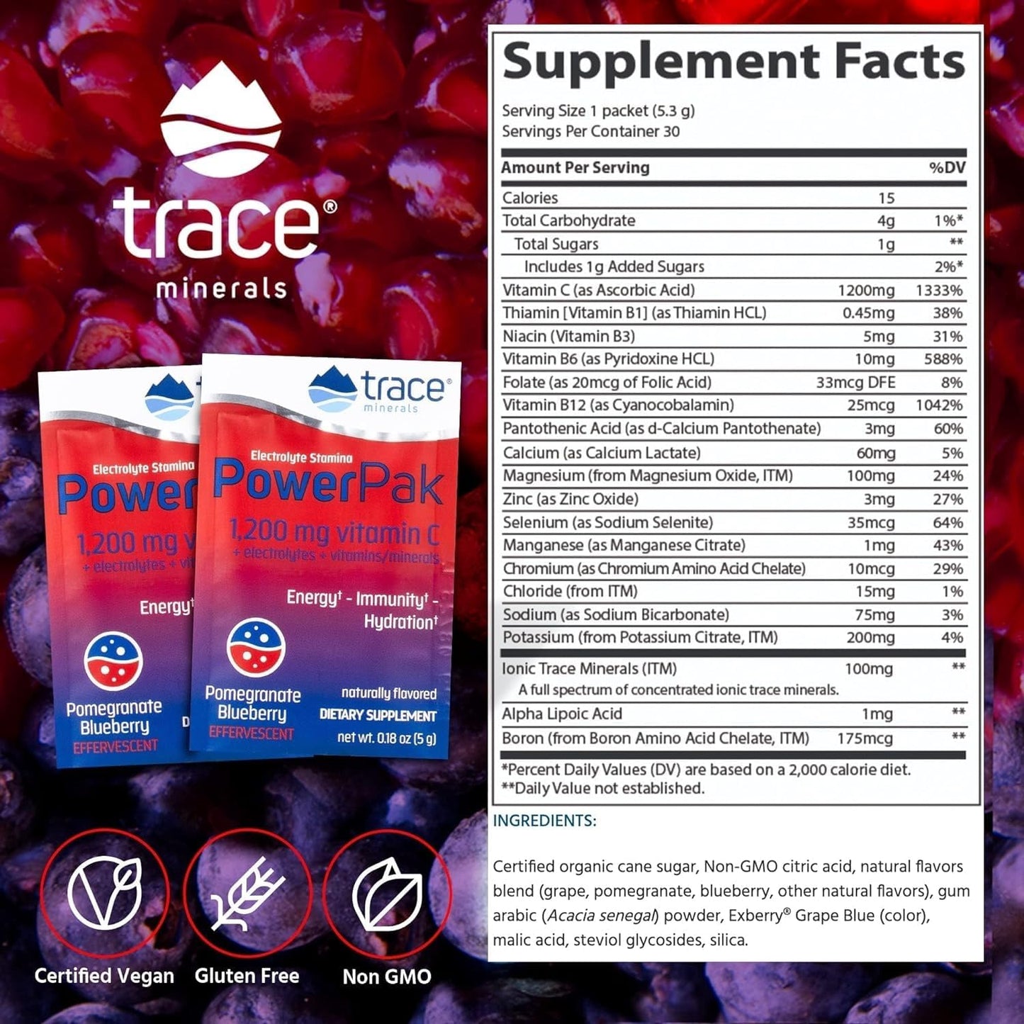 Trace Minerals Power Pak Electrolyte Powder Packets - Immunity & Energy Boost - Pomegranate Blueberry - 30 Packets