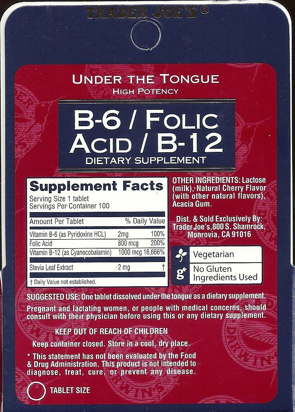 Trader Joe's Sublingual B-6, Folic Acid, and B-12 Supplement - 100 Tablets