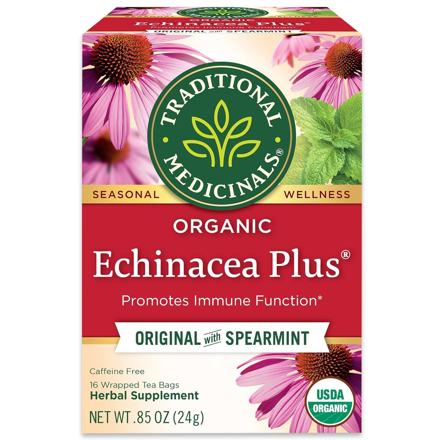 Traditional Medicinals Organic Echinacea Plus Herbal Tea with Spearmint, Supports Immune System, 16 Tea Bags