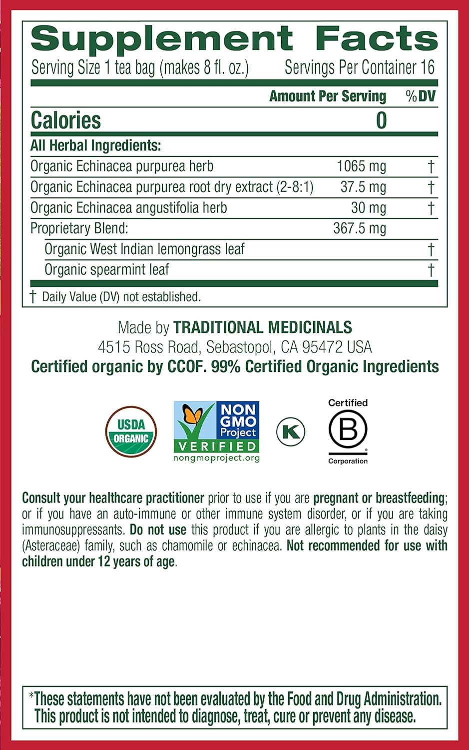 Traditional Medicinals Organic Echinacea Plus Herbal Tea with Spearmint, Supports Immune System, 16 Tea Bags