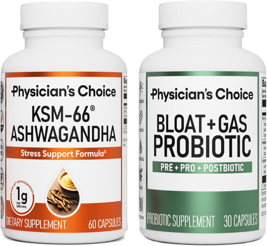Tranquil Tummy Bundle: Physician's CHOICE Bloat & Gas Probiotic with KSM-66 Ashwagandha - 30ct + 60ct