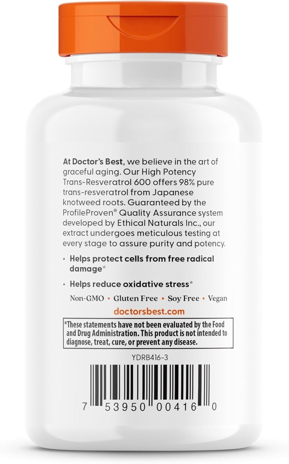 Trans-Resveratrol 600 Supplement - Doctor's Best, 98% Pure, Non-GMO, Gluten Free, Soy Free, Vegan Capsules