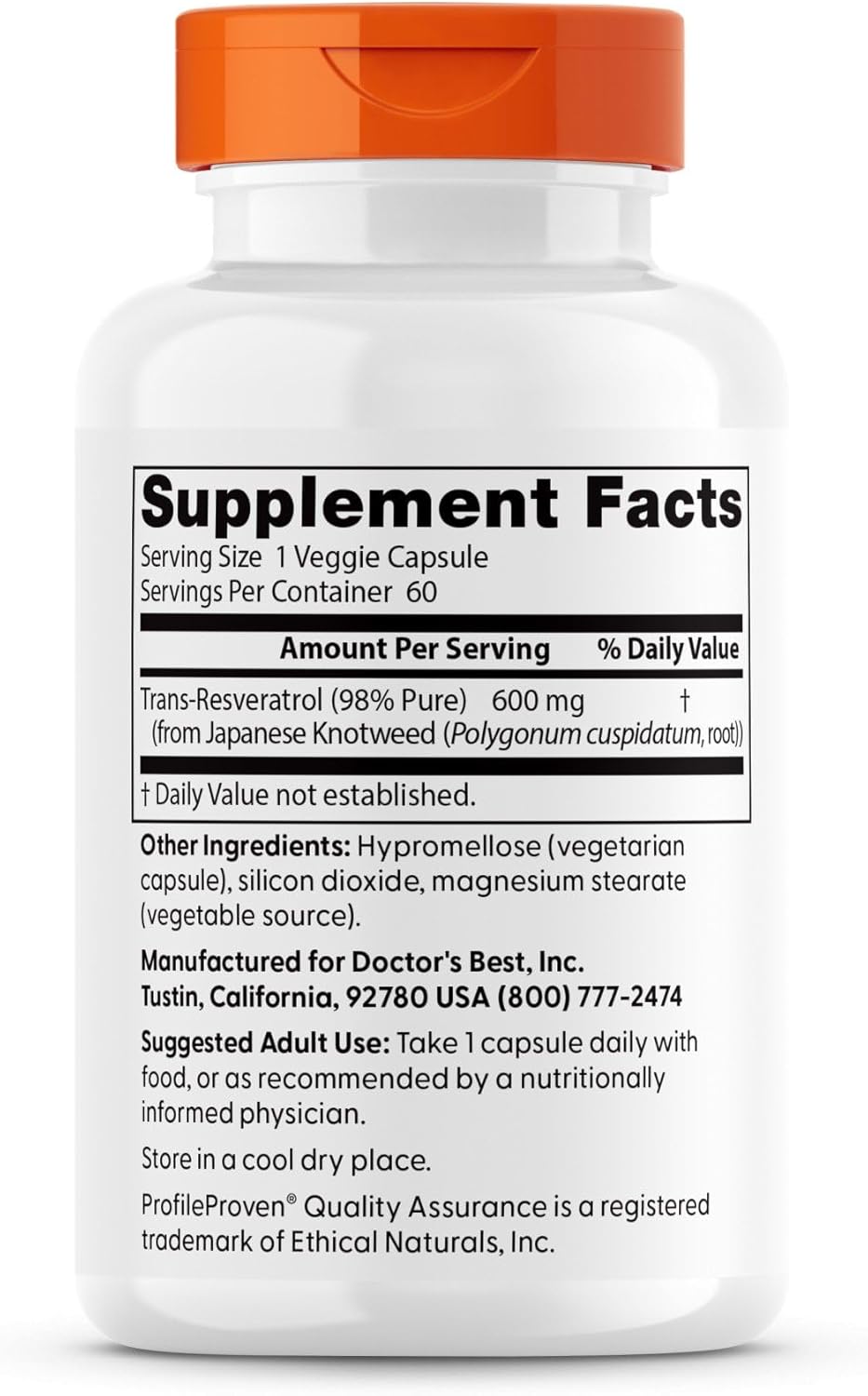 Trans-Resveratrol 600 Supplement - Doctor's Best, 98% Pure, Non-GMO, Gluten Free, Soy Free, Vegan Capsules