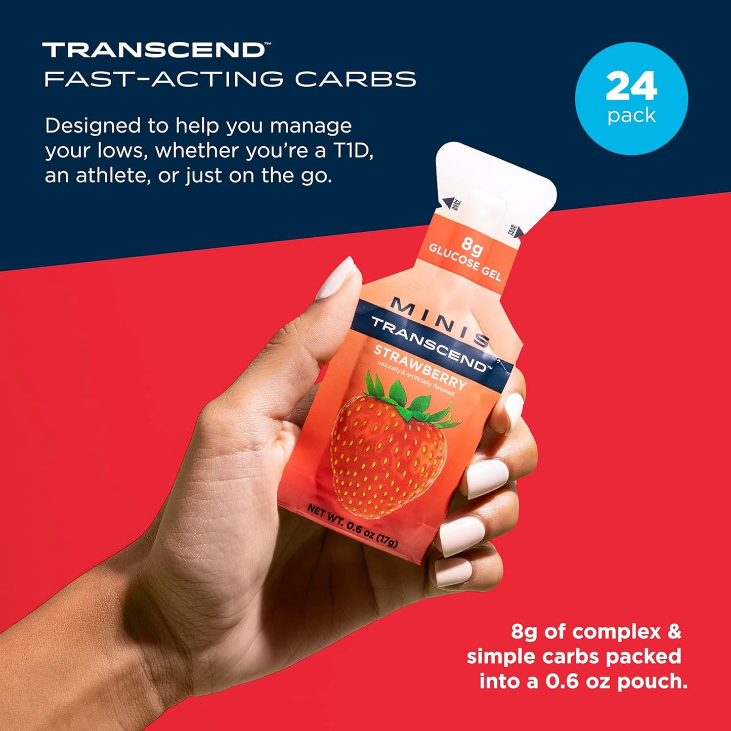 Transcend Foods Mini Strawberry Gel Pack - Fast-Acting Carb Gel, Travel Size, Gluten Free, Caffeine Free (24 Pack) - BoostGo Australia