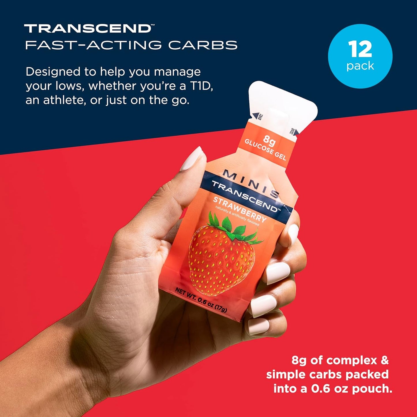 Transcend Foods Mini Strawberry Gel Pack of 12, Fast-Acting Carb Gel - Travel Size, Caffeine Free, Gluten Free, Strawberry Flavor - 0.6 oz - BoostGo Australia