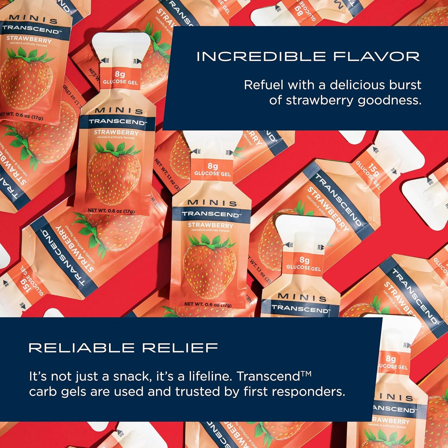 Transcend Foods Mini Strawberry Gel Pack of 12, Fast-Acting Carb Gel - Travel Size, Caffeine Free, Gluten Free, Strawberry Flavor - 0.6 oz - BoostGo Australia