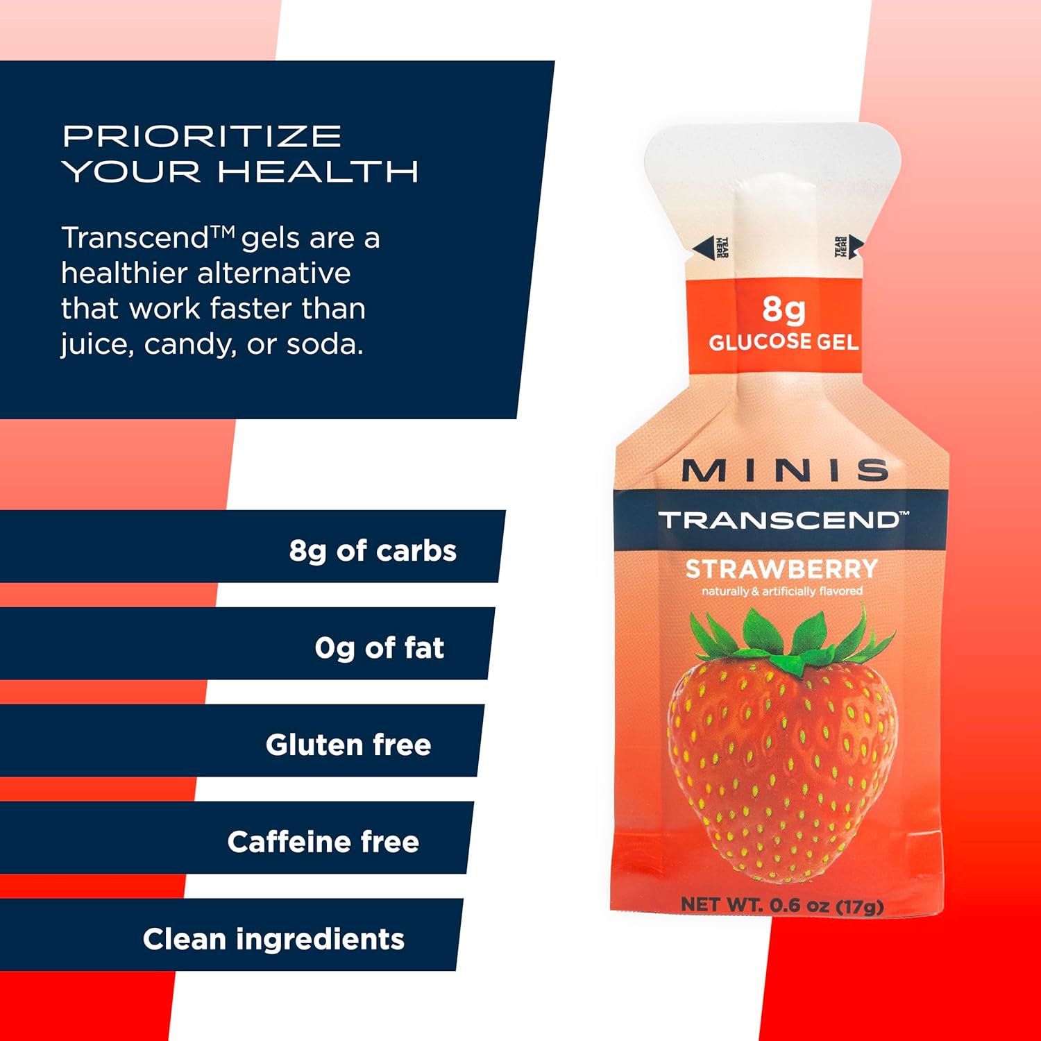Transcend Foods Mini Strawberry Gel Pack of 12, Fast-Acting Carb Gel - Travel Size, Caffeine Free, Gluten Free, Strawberry Flavor - 0.6 oz - BoostGo Australia