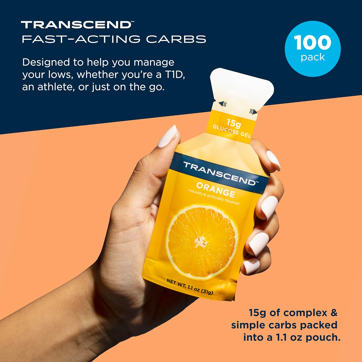 Transcend Foods Orange Gels - 1.1 oz, 100 Pack - Fast-Acting Carb Gel, Orange Flavor - Caffeine and Gluten Free - BoostGo Australia