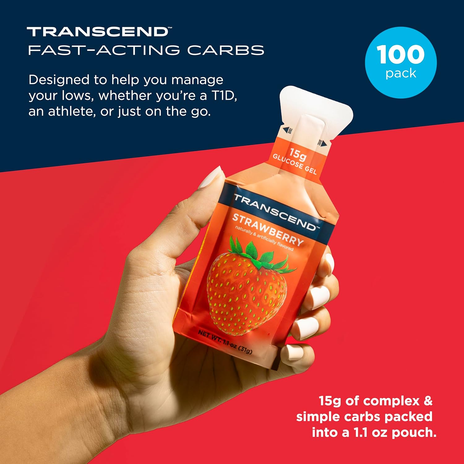 Transcend Foods Strawberry Gels - 1.1 oz, Pack of 100 - Fast-Acting Carb Gel, Gluten Free Strawberry Flavor - BoostGo Australia