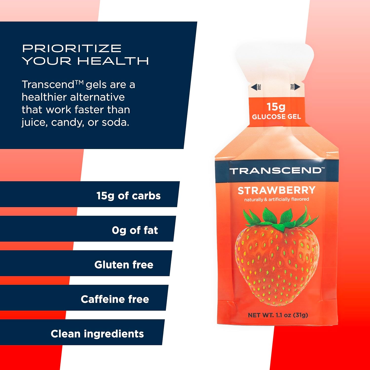 Transcend Foods Strawberry Gels - 1.1 oz, Pack of 100 - Fast-Acting Carb Gel, Gluten Free Strawberry Flavor - BoostGo Australia