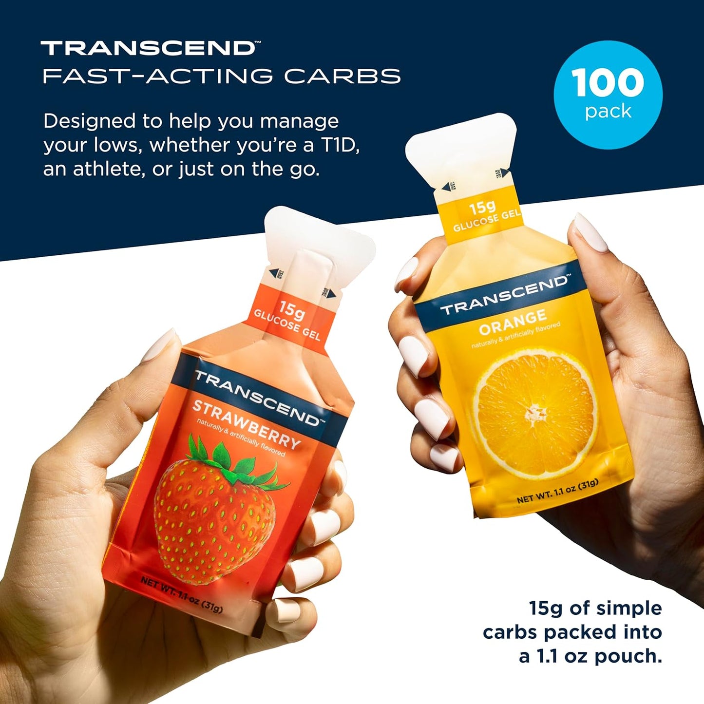 Transcend Foods Strawberry Orange Fast-Acting Carb Gel Pack 100, 1.1 oz - Caffeine Free, Gluten Free - BoostGo Australia