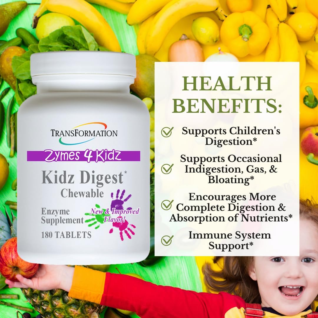 Transformation Enzymes Kidz Digestive Enzyme Supplement Chewable - 180 Tablets for Healthy Digestion & Elimination