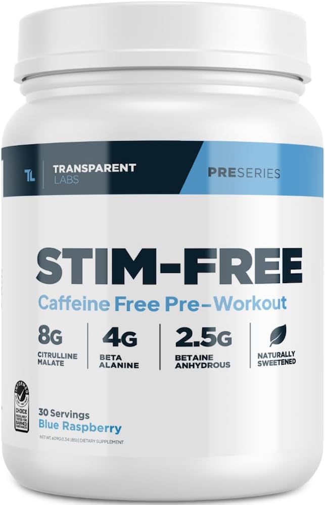 Transparent Labs Caffeine-Free Pre-Workout Powder for Men and Women - Beta Alanine, Citrulline Malate, elevATP - 30 Servings, Blue Raspberry Flavor