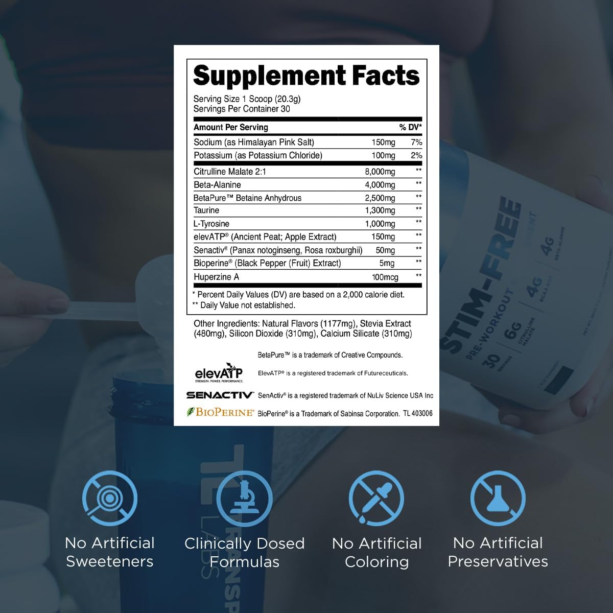 Transparent Labs Caffeine-Free Pre-Workout Powder for Men and Women - Beta Alanine, Citrulline Malate, elevATP - 30 Servings, Blue Raspberry Flavor