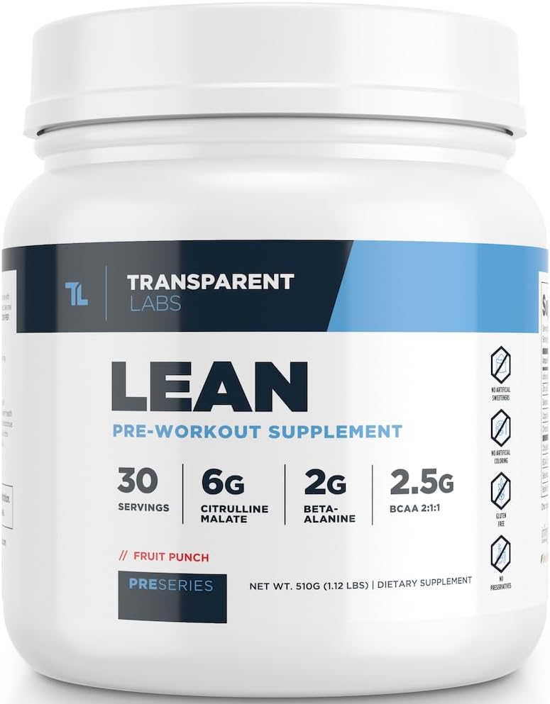 Transparent Labs Lean Pre-Workout: Body Recomposition Formula with Acetyl L-Carnitine, Beta Alanine, & Organic Caffeine - 30 Servings, Fruit Punch Flavor for Men and Women