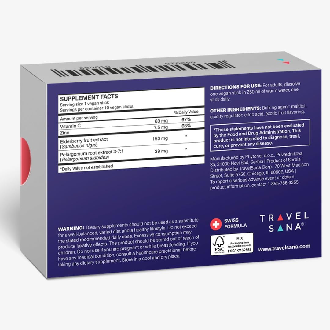 TRAVELSANA Elderberry Immune Booster with Pelargonium, Vitamin C & Zinc - 10 Sticks