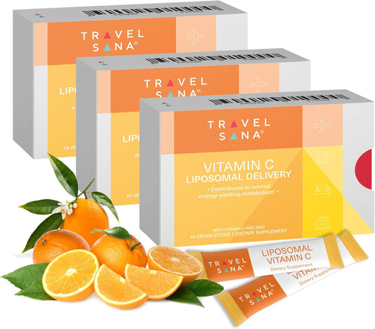 TravelSANA Liposomal Vitamin C & Zinc Sticks - Boost Energy, Immunity, Combat Fatigue - Advanced Absorption Technology - Fast-Acting - 30 Pack