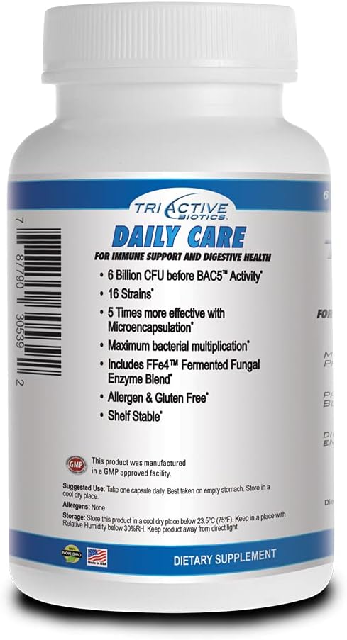 TriActive Biotics Daily Care: Probiotic & Prebiotic Blend with 6 Billion CFU - Digestive Enzymes Supplement - Supports Gut Health & Immune System - 90 Capsules for Men & Women
