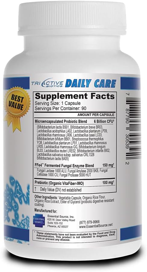 TriActive Biotics Daily Care: Probiotic & Prebiotic Blend with 6 Billion CFU - Digestive Enzymes Supplement - Supports Gut Health & Immune System - 90 Capsules for Men & Women