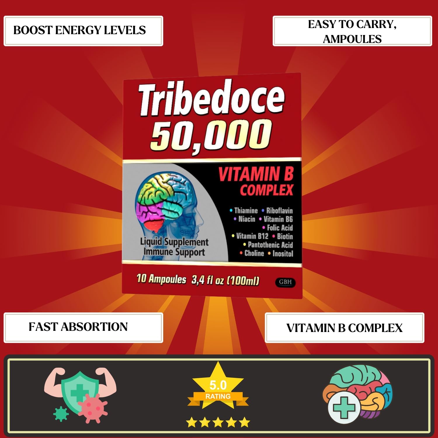 Tribedoce 50,000 - Liquid Vitamin B Complex Supplement for Immune Support, Non-GMO, 10 Ampoules (3.4 fl oz / 100 ml)