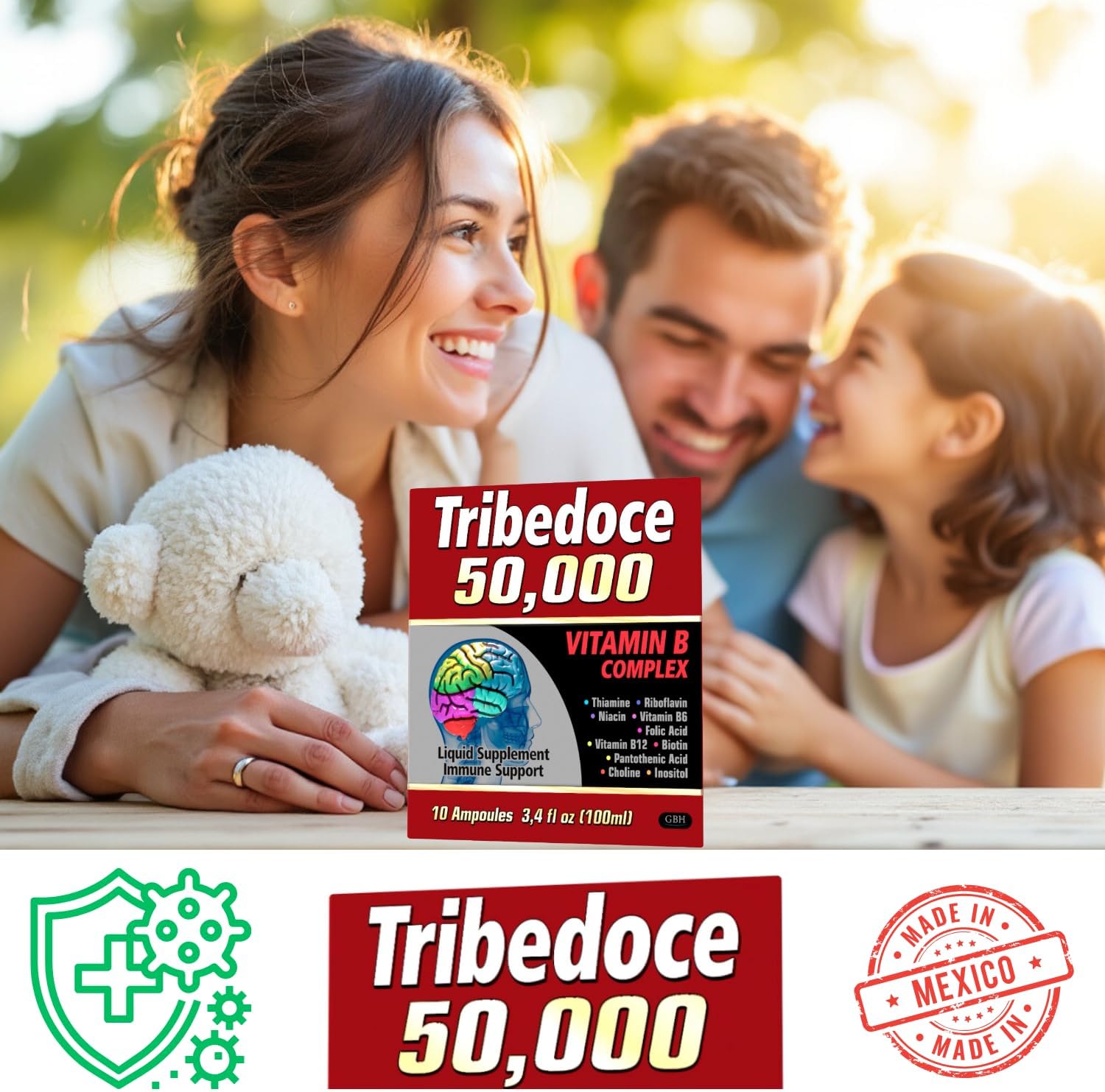 Tribedoce 50,000 - Liquid Vitamin B Complex Supplement for Immune Support, Non-GMO, 10 Ampoules (3.4 fl oz / 100 ml)
