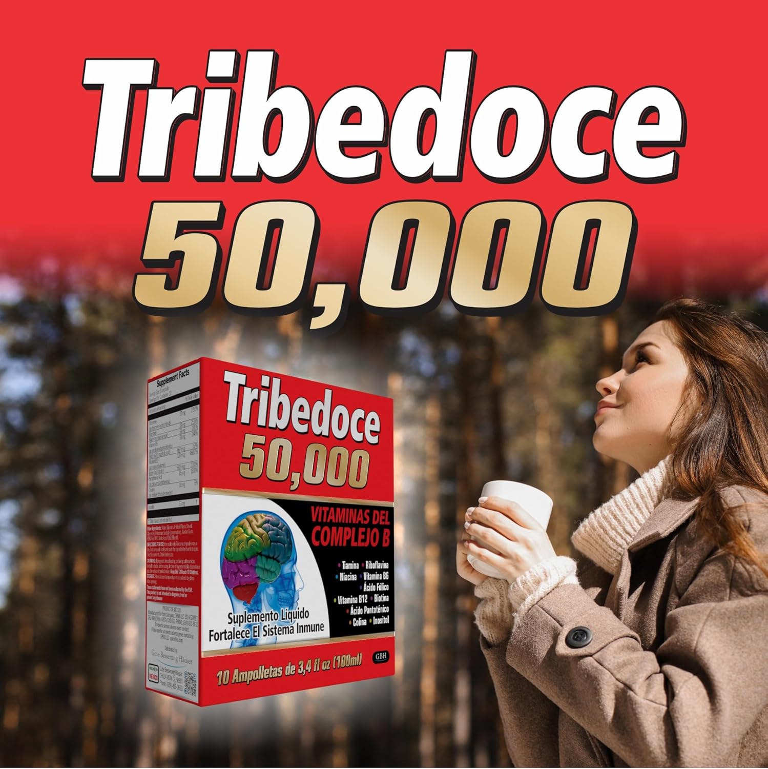 Tribedoce 50,000 - Liquid Vitamin B Complex Supplement for Immune Support, Non-GMO, 10 Ampoules (3.4 fl oz / 100 ml)