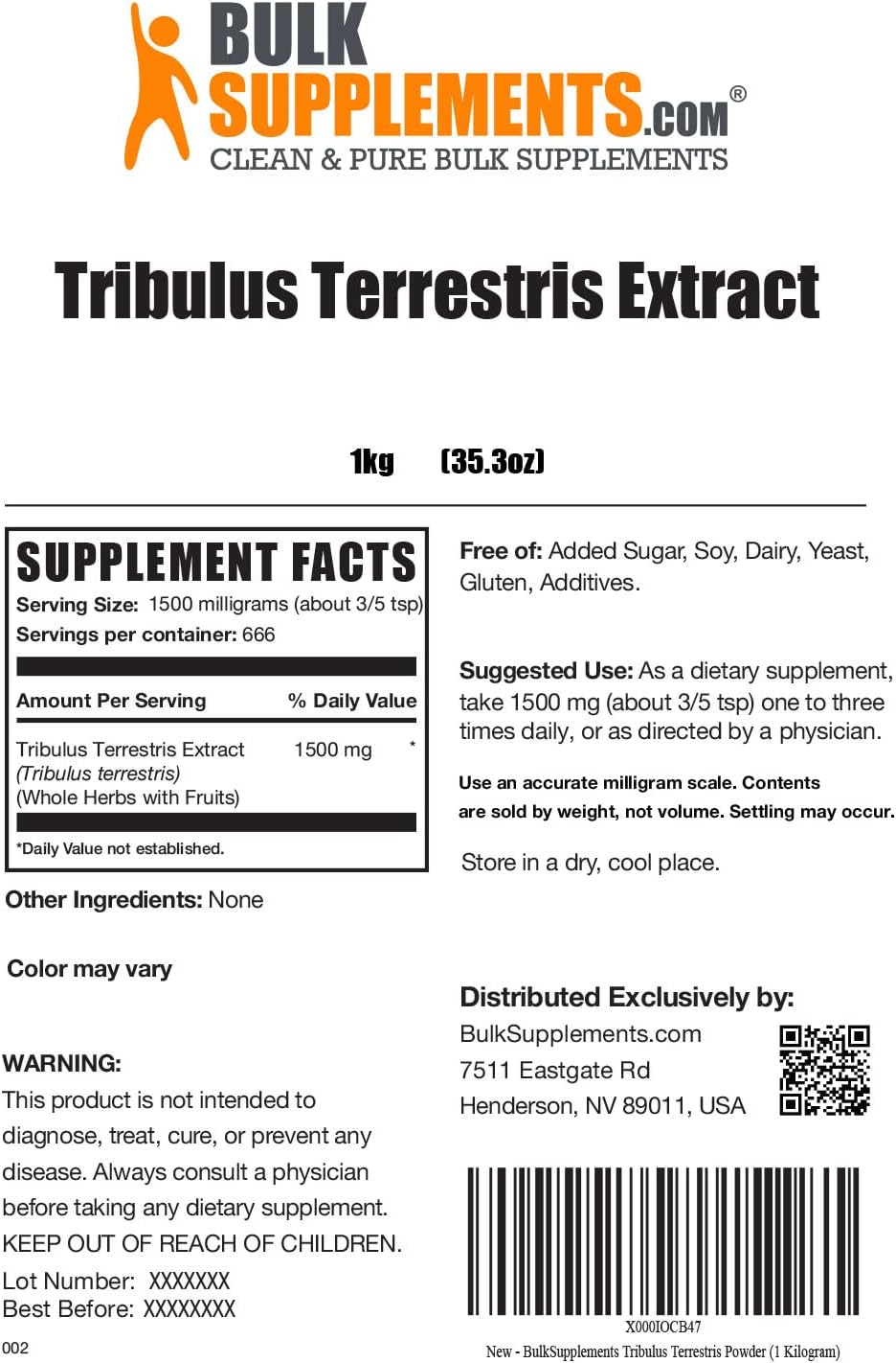 Tribulus Terrestris Extract Powder - 1500mg per Serving, 1kg - Herbal Supplement for Boosting Performance and Stamina