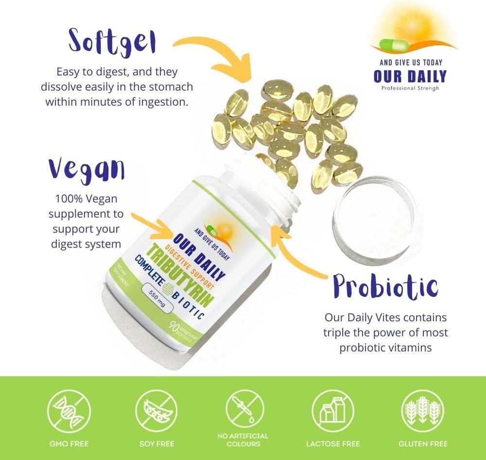 Tributyrin Digestive Health Probiotics | Complete Butyrate Supplement | 550 Mg Softgels | Immune Support | 90 Servings | Vegan Formula