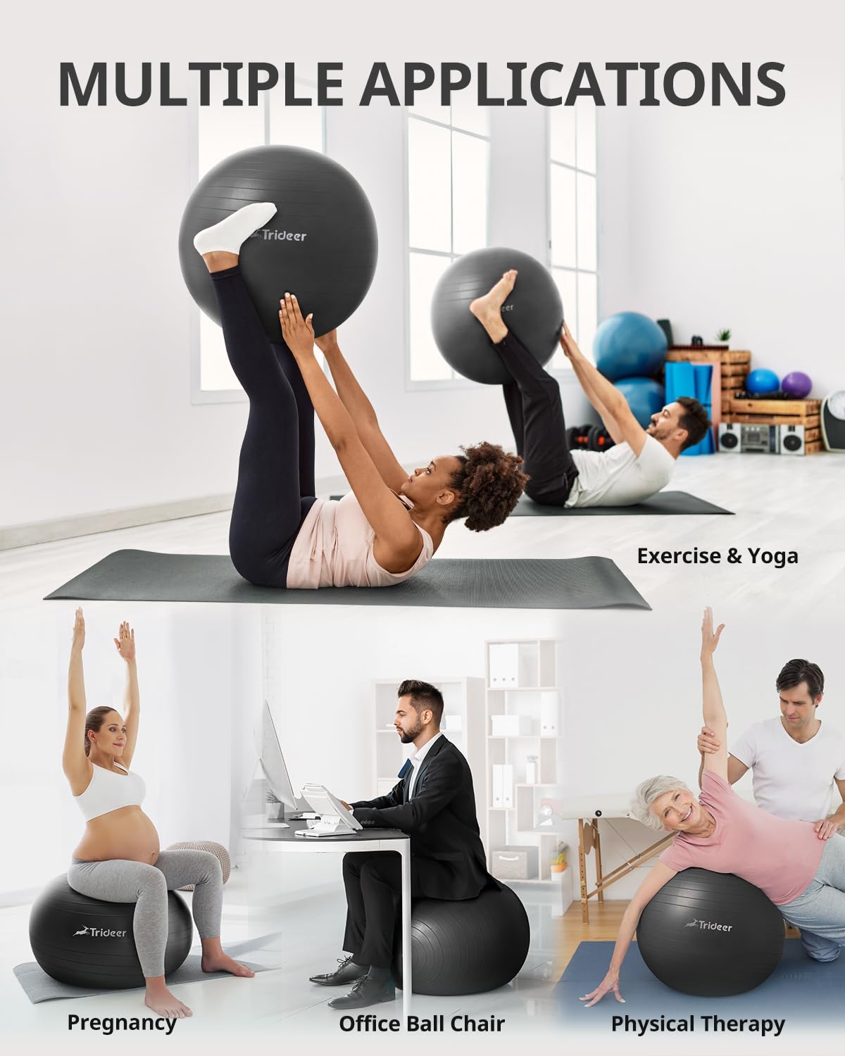 Trideer Yoga Ball Exercise Ball - 5 Sizes for Working Out, Pregnancy, Physical Therapy - Stability, Fitness, Office Chair - Includes Quick Pump