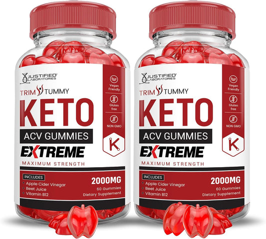 Trim Tummy Keto ACV Gummies 2-Pack - Extreme 2000MG with Pomegranate Beet Juice Powder - Vegan Non GMO
