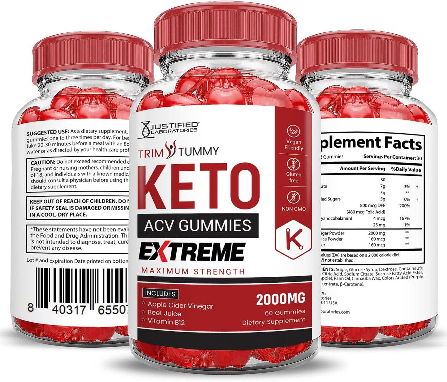 Trim Tummy Keto ACV Gummies 2-Pack - Extreme 2000MG with Pomegranate Beet Juice Powder - Vegan Non GMO