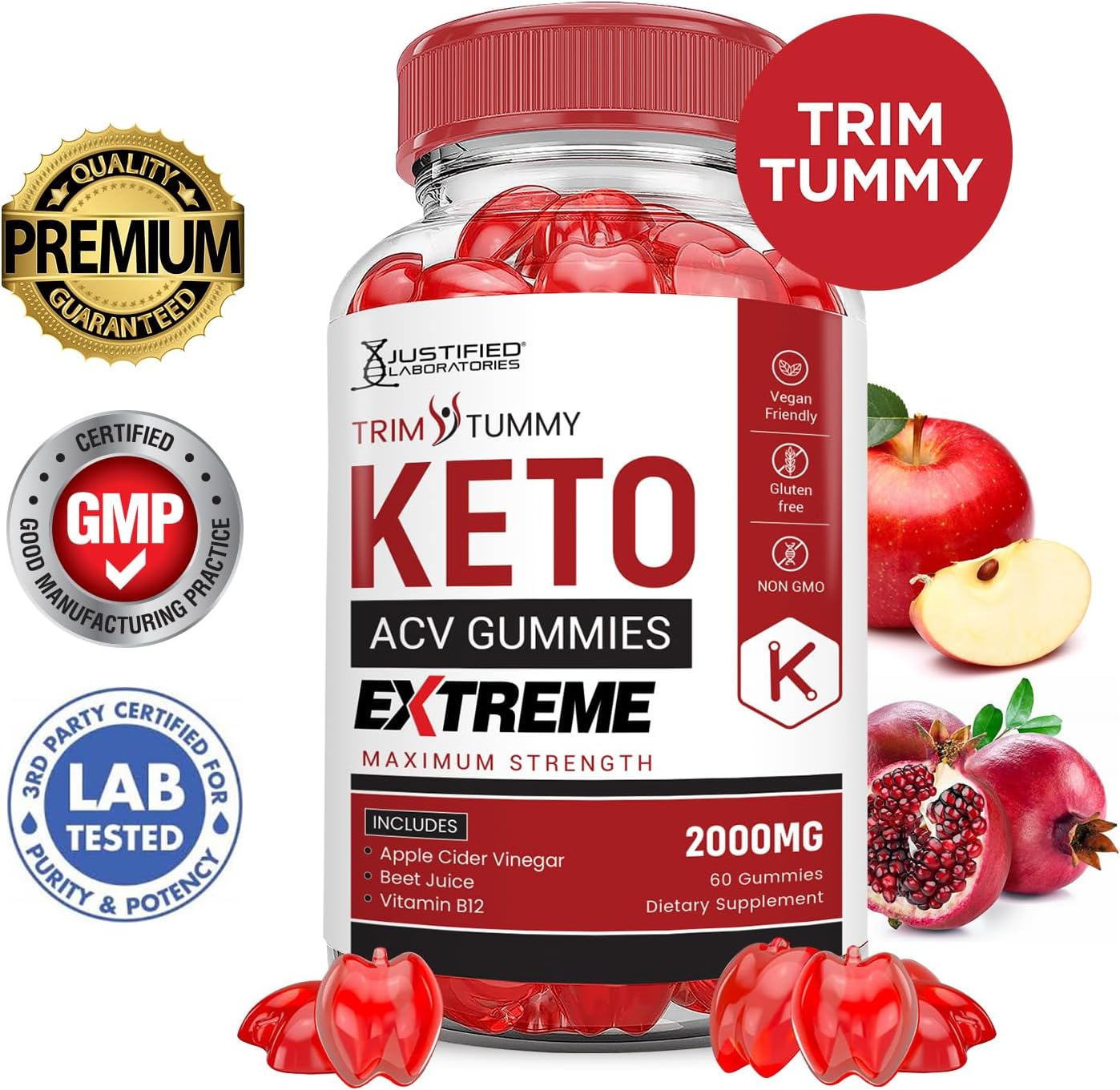 Trim Tummy Keto ACV Gummies Extreme 2000MG with Pomegranate Beet Juice Powder - 60 Vegan Non GMO Gummys