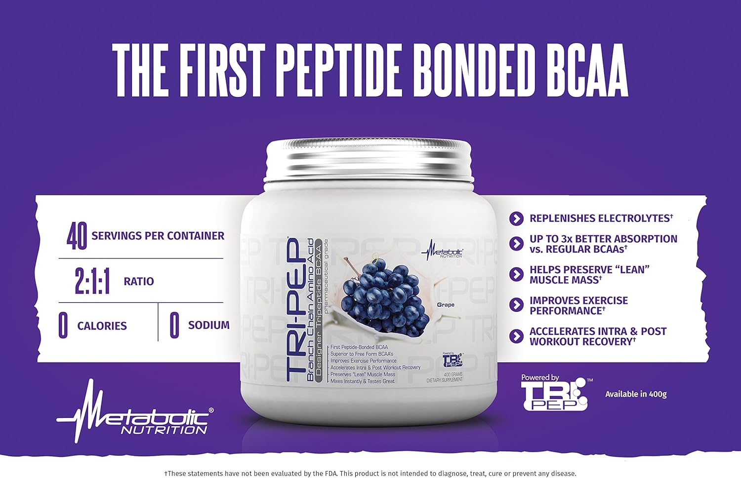 TRIPEP Blue Raspberry BCAA Powder Supplement - 400g (40 Servings) - Post & Pre Workout Amino Acid Boost