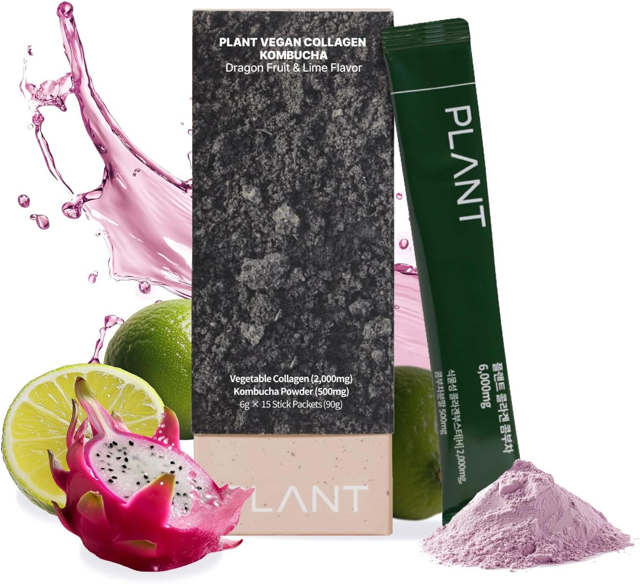 Tripeptide Vegan Collagen Booster Powder with Probiotics & Vitamin C - Dragonfruit Lime Flavor, 15 Packets for Gut & Skin Health