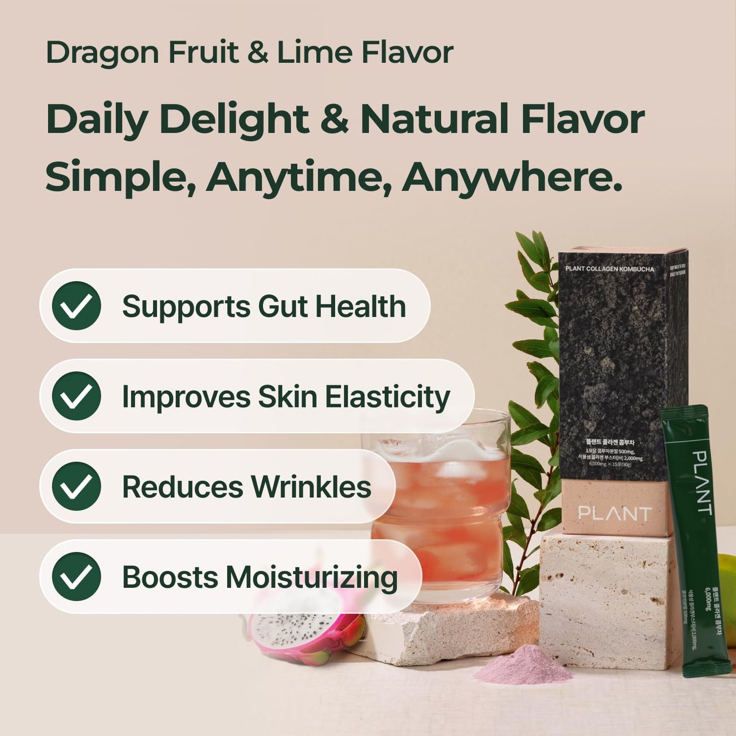 Tripeptide Vegan Collagen Booster Powder with Probiotics & Vitamin C - Dragonfruit Lime Flavor, 15 Packets for Gut & Skin Health