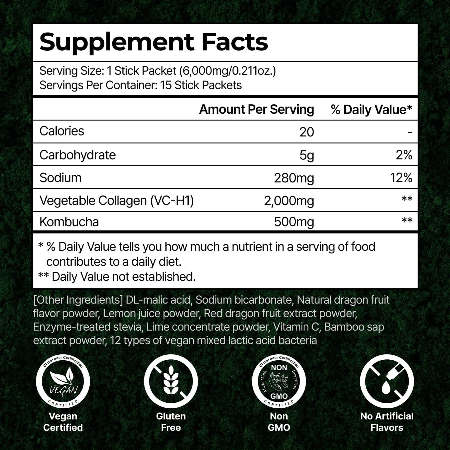 Tripeptide Vegan Collagen Booster Powder with Probiotics & Vitamin C - Dragonfruit Lime Flavor, 15 Packets for Gut & Skin Health