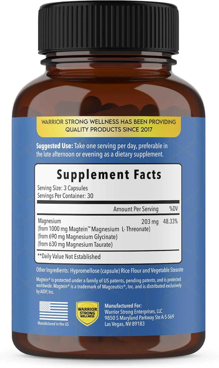 Triple Blend Magnesium Complex - 100% Chelated Supplement with Magtein L-Threonate for Memory and Brain Health - Glycinate, Taurate for Relaxation and Better Sleep - Warrior Strong Wellness