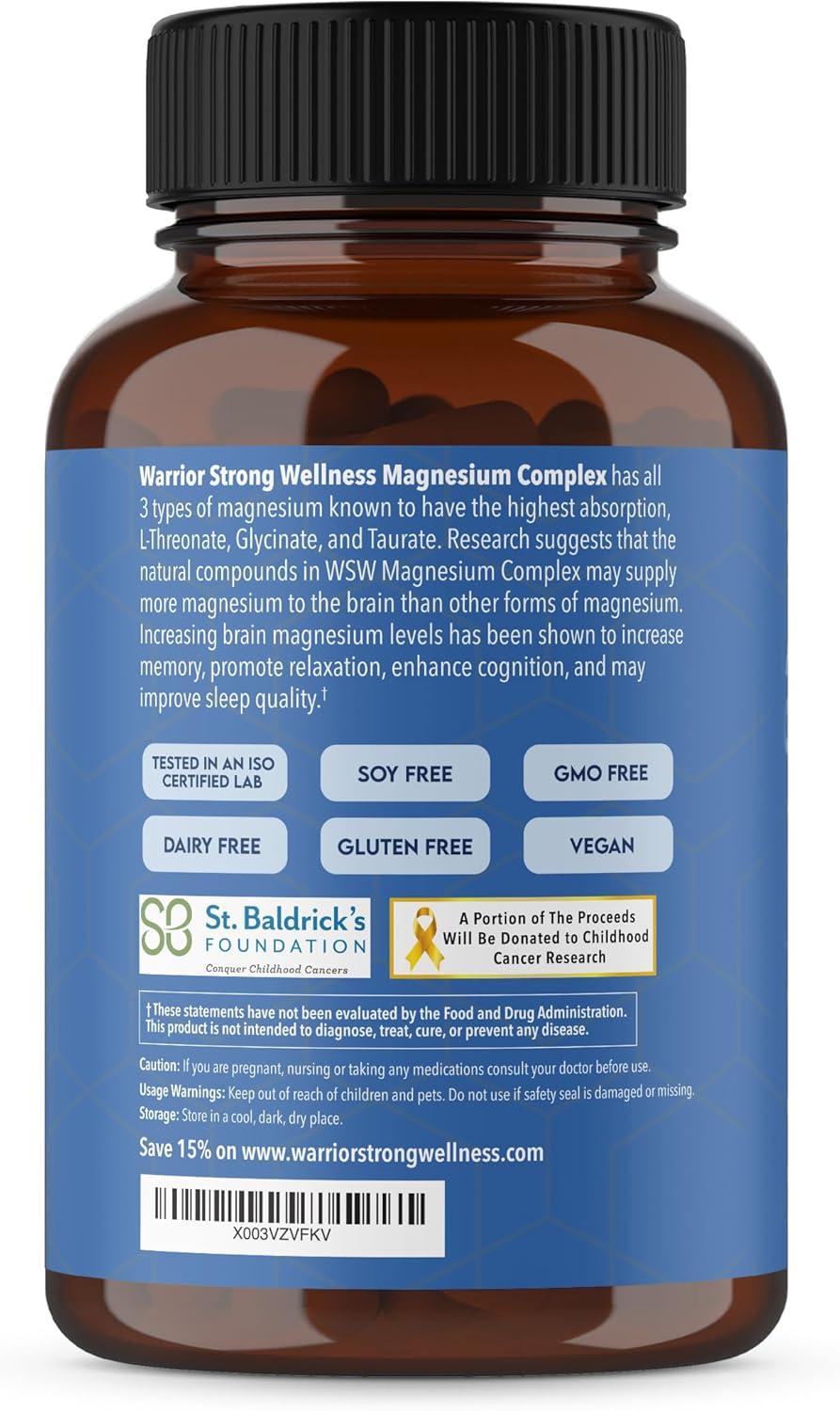 Triple Blend Magnesium Complex - 100% Chelated Supplement with Magtein L-Threonate for Memory and Brain Health - Glycinate, Taurate for Relaxation and Better Sleep - Warrior Strong Wellness