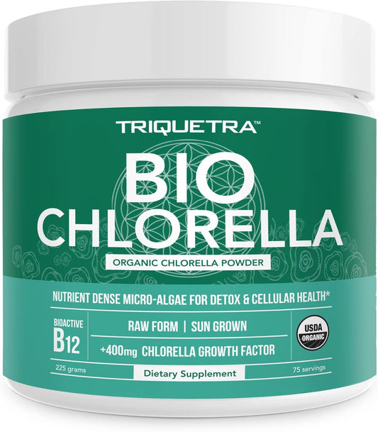 Triple Certified Organic Chlorella Powder - Raw & Sun Grown - High Nutrient & CGF Levels - 75 Servings (225g)