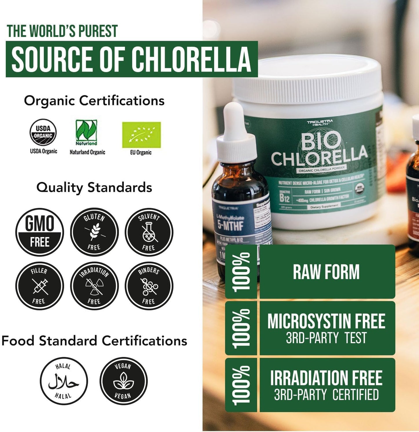 Triple Certified Organic Chlorella Powder - Raw & Sun Grown - High Nutrient & CGF Levels - 75 Servings (225g)