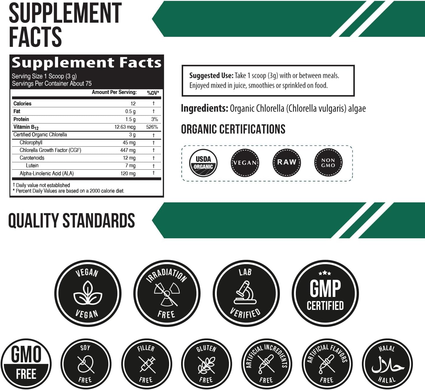 Triple Certified Organic Chlorella Powder - Raw & Sun Grown - High Nutrient & CGF Levels - 75 Servings (225g)