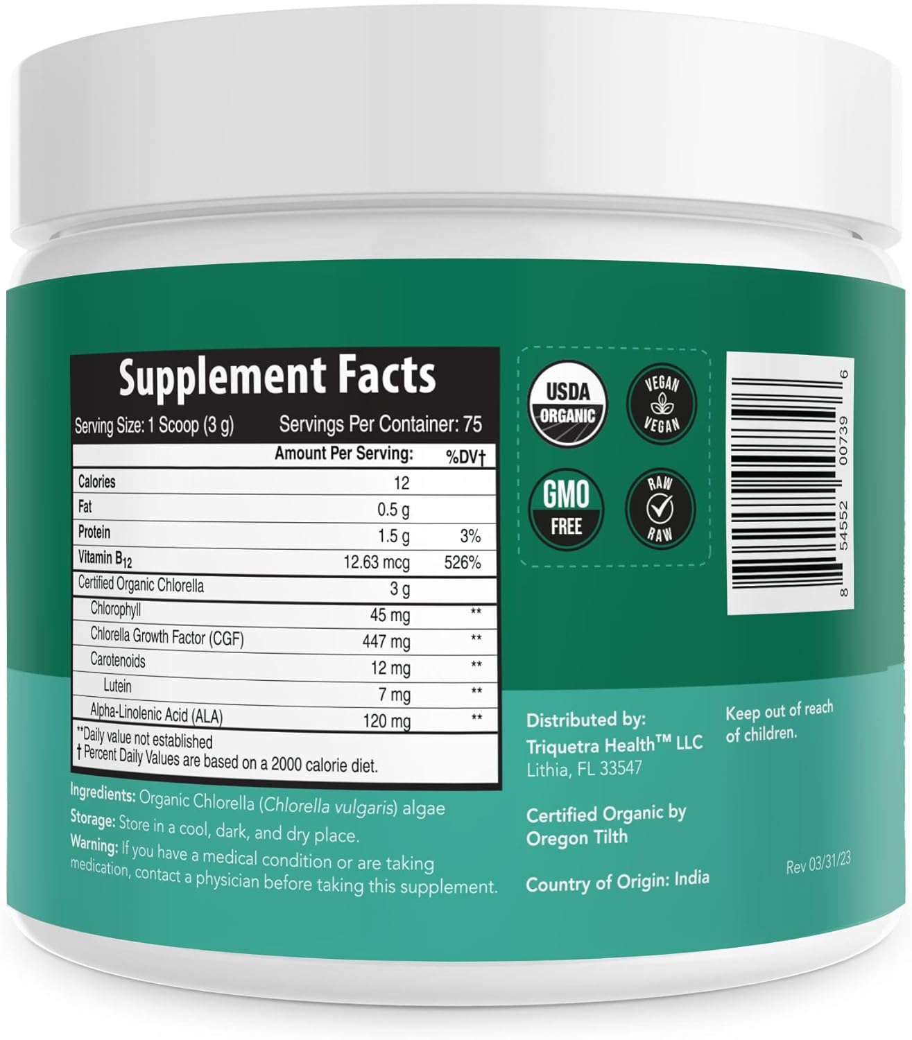 Triple Certified Organic Chlorella Powder - Raw & Sun Grown - High Nutrient & CGF Levels - 75 Servings (225g)