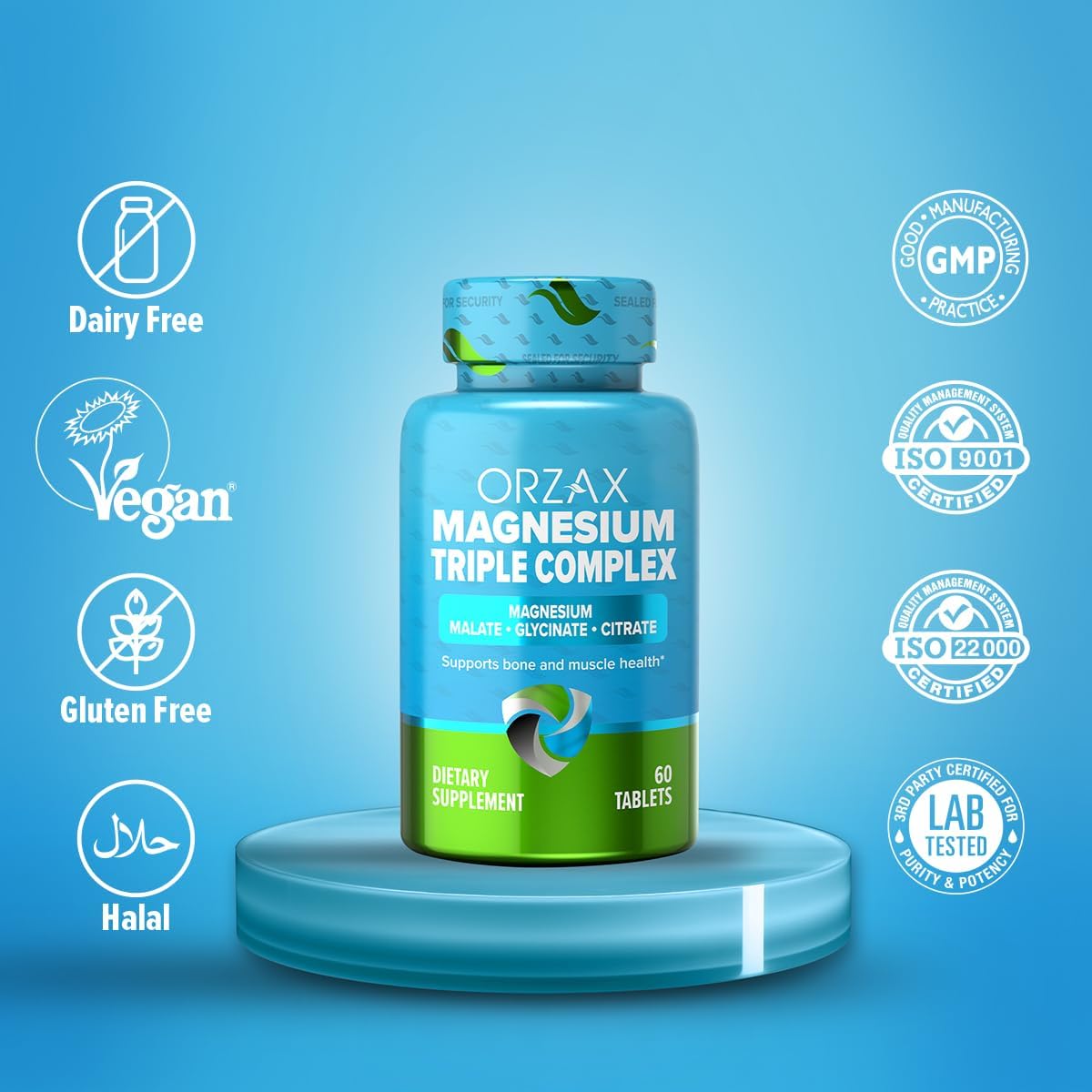 Triple Complex Magnesium Supplement with Magnesium Glycinate, Citrate, Malate | Vegan, Gluten Free, Dairy Free, Halal | 200mg | 60 Tablets for Muscle & Energy Support