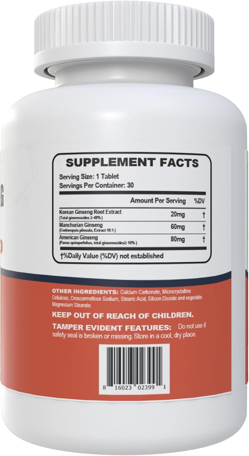 Triple Ginseng Complex with 15% Ginsenosides for Energy, Memory, Vitality, Immune Support, and Healthy Aging - 30 Tablets