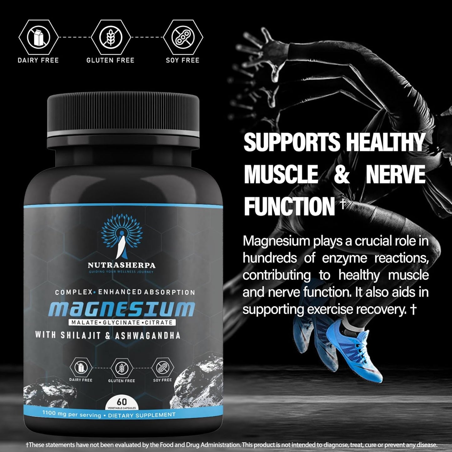 Triple Magnesium Blend with Shilajit and Ashwagandha for Enhanced Absorption - 300mg Magnesium Complex - Non-Buffered Formula